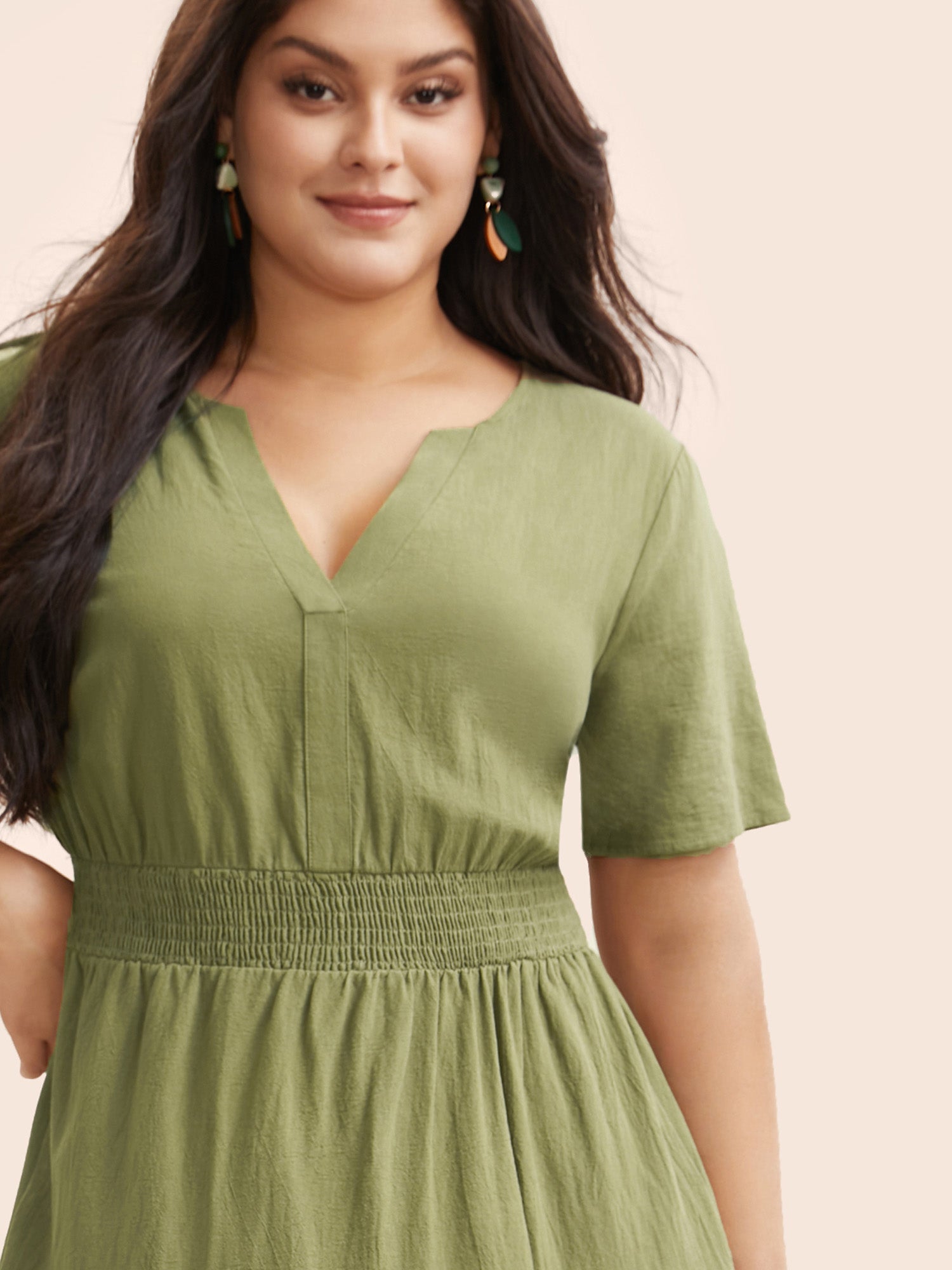 Notched Shirred Ruffle Layered Hem Dress-Sweetccc