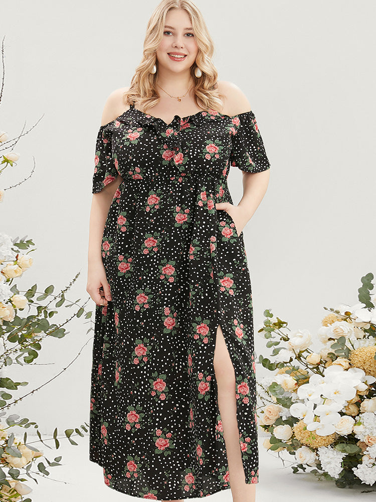 Floral & Polka Dot Ruffle Trim Pocket Cold Shoulder Split Dress-Sweetccc