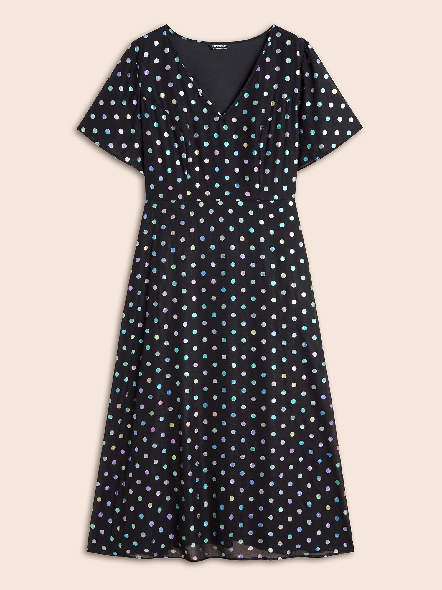 V Neck Polka Dot Glitter Ruffle Sleeve Dress-Sweetccc