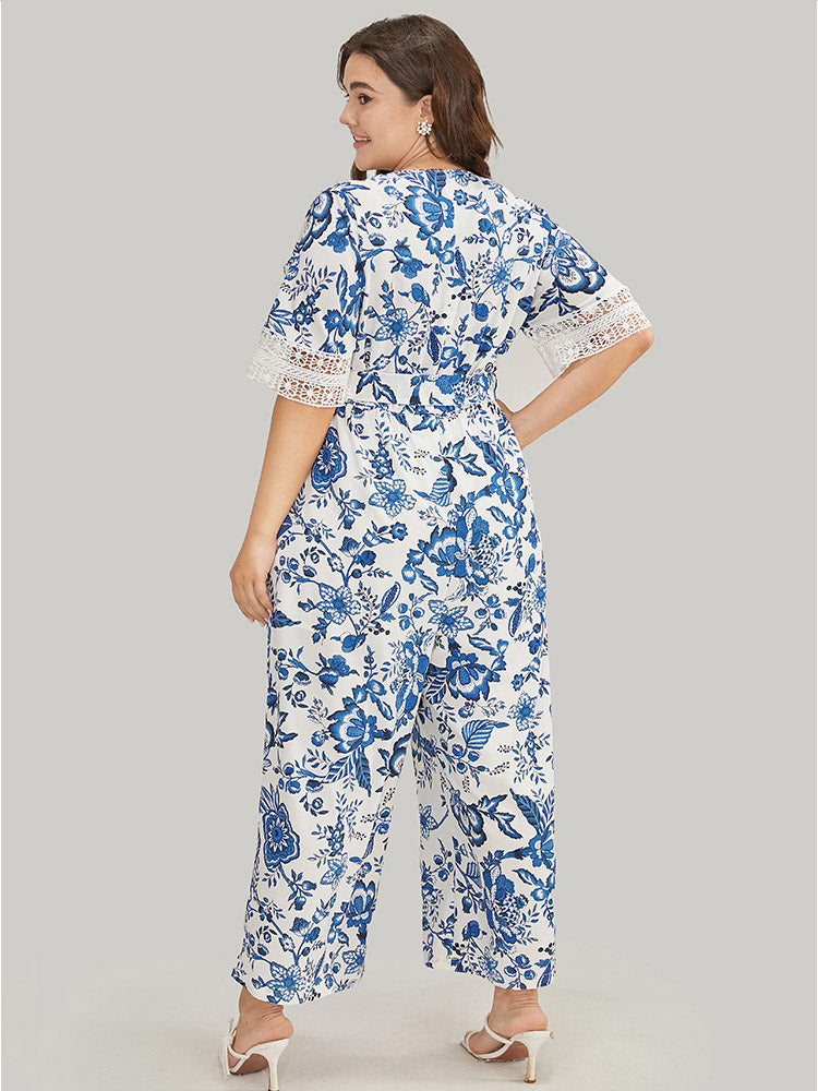 Floral Belted Pocket Lace Trim Wrap Jumpsuit-Sweetccc