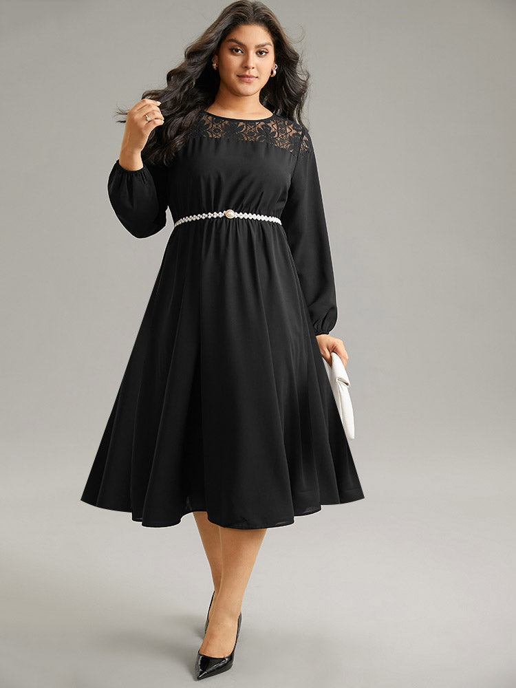 Lace Panel Patchwork Lantern Sleeve Dress-Sweetccc