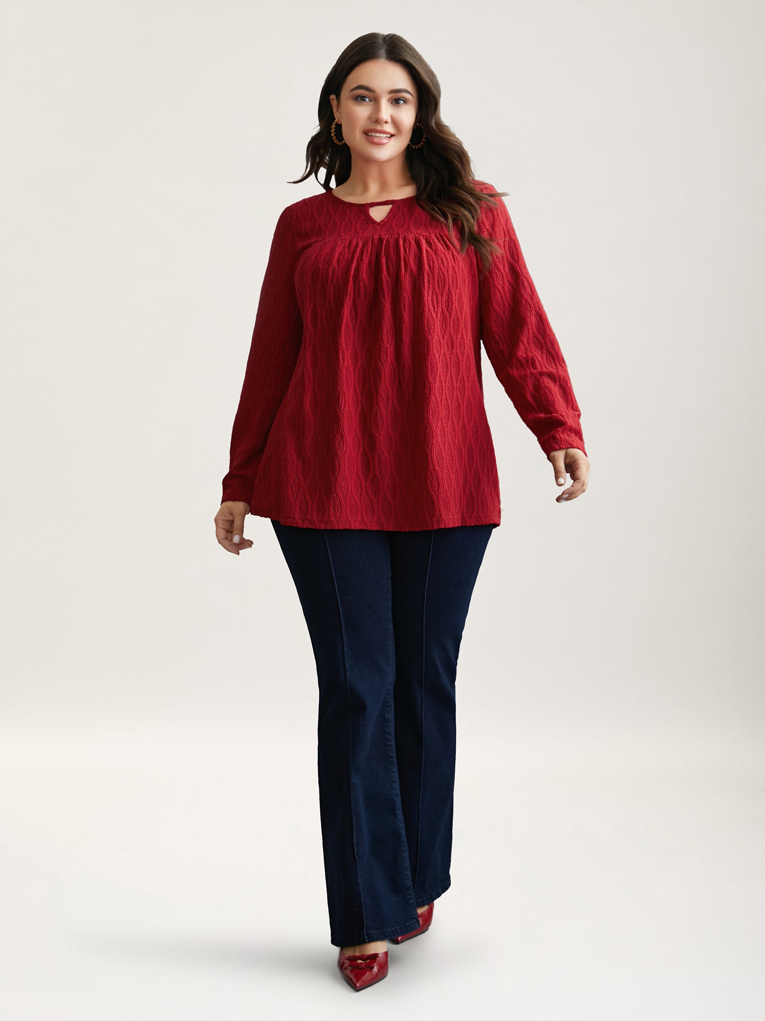 Textured Keyhole Gathered Knit Top-Sweetccc