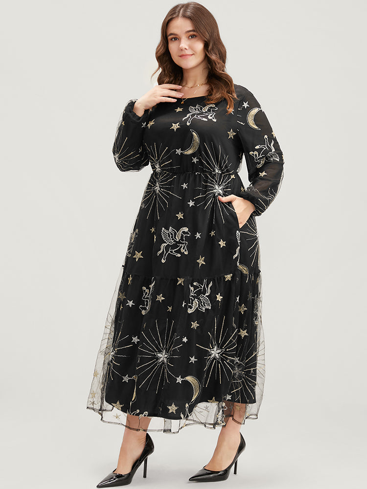 Moon And Star Pocket Lantern Sleeve Embroidered Mesh Dress-Sweetccc