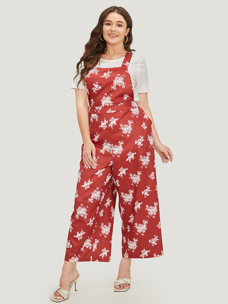 Floral Print Pocket Crossover Back Overall Jumpsuit-Sweetccc