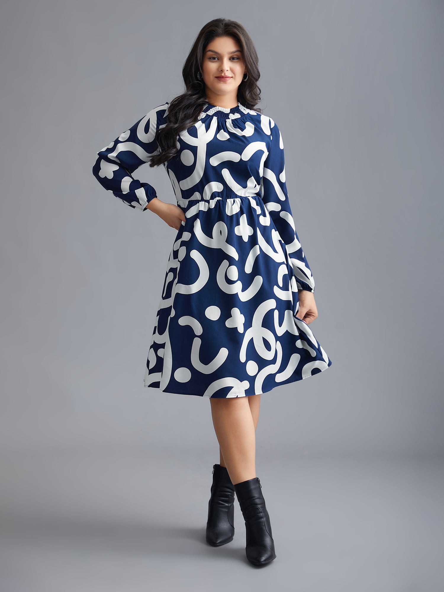 Geometric Print Shirred Pocket Dress-Sweetccc