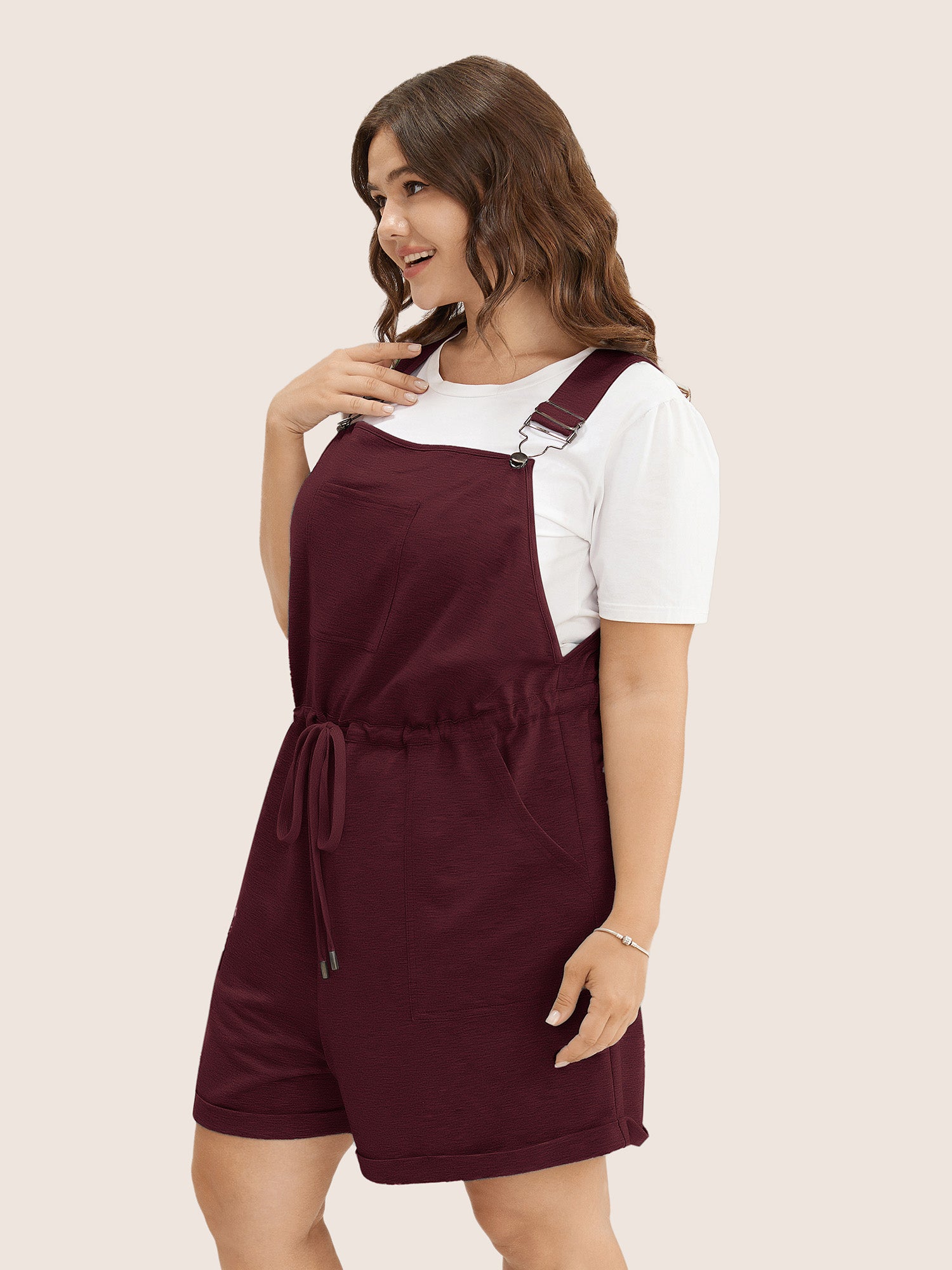 Solid Pocket Drawstring Overall Romper-Sweetccc