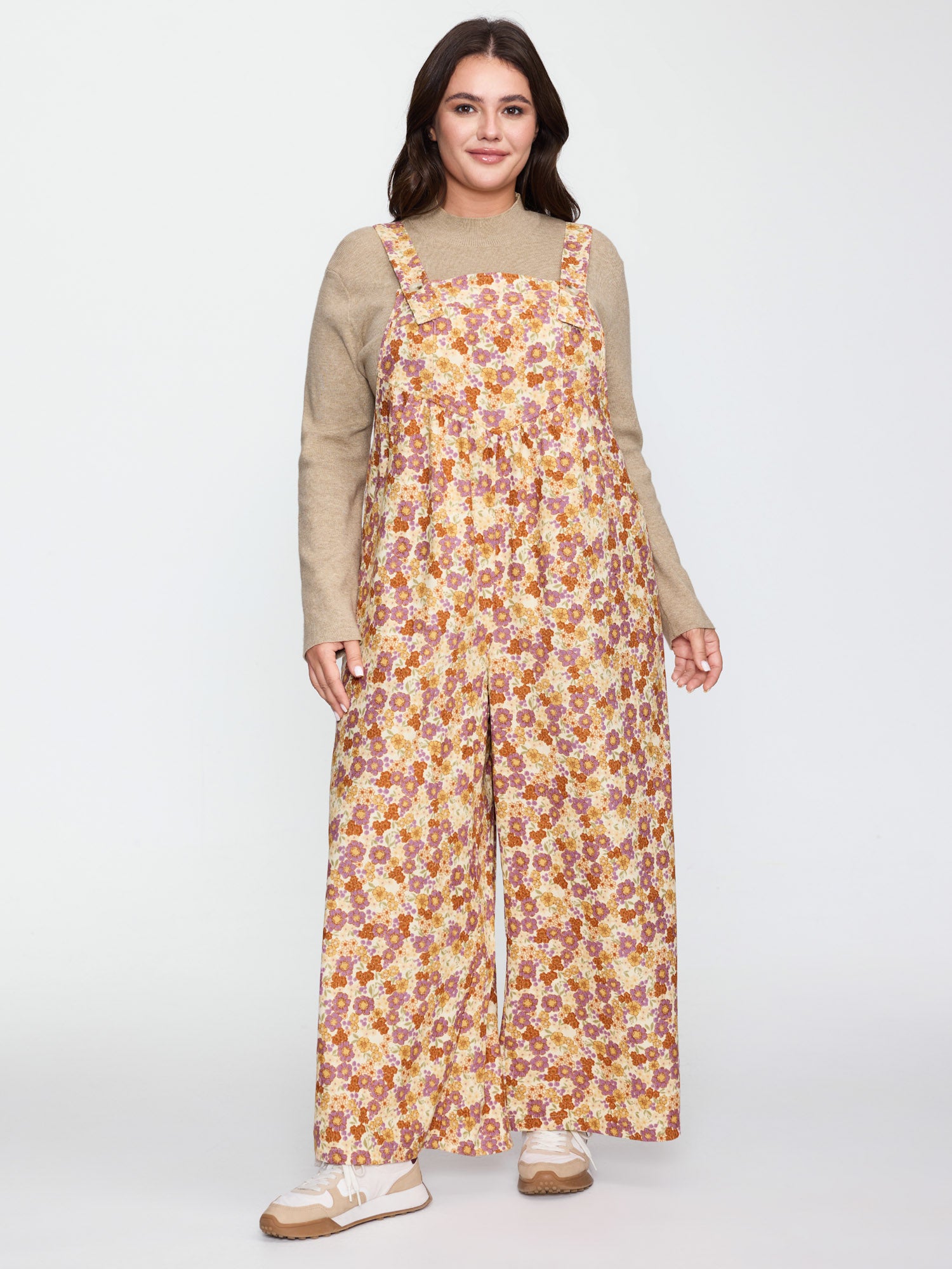 Floral Corduroy Adjustable Pockets Overall Jumpsuit-Sweetccc