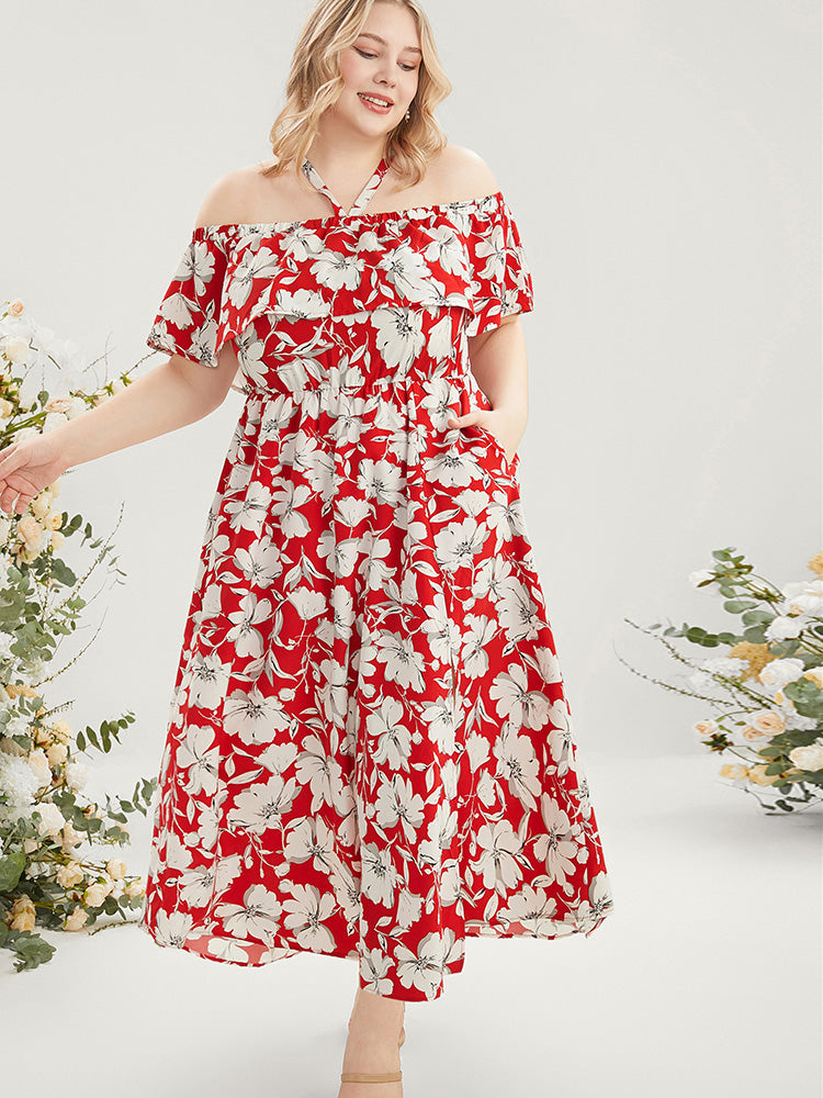 Floral Print Pocket Ruffles Trim Split Halter Maxi Dress-Sweetccc