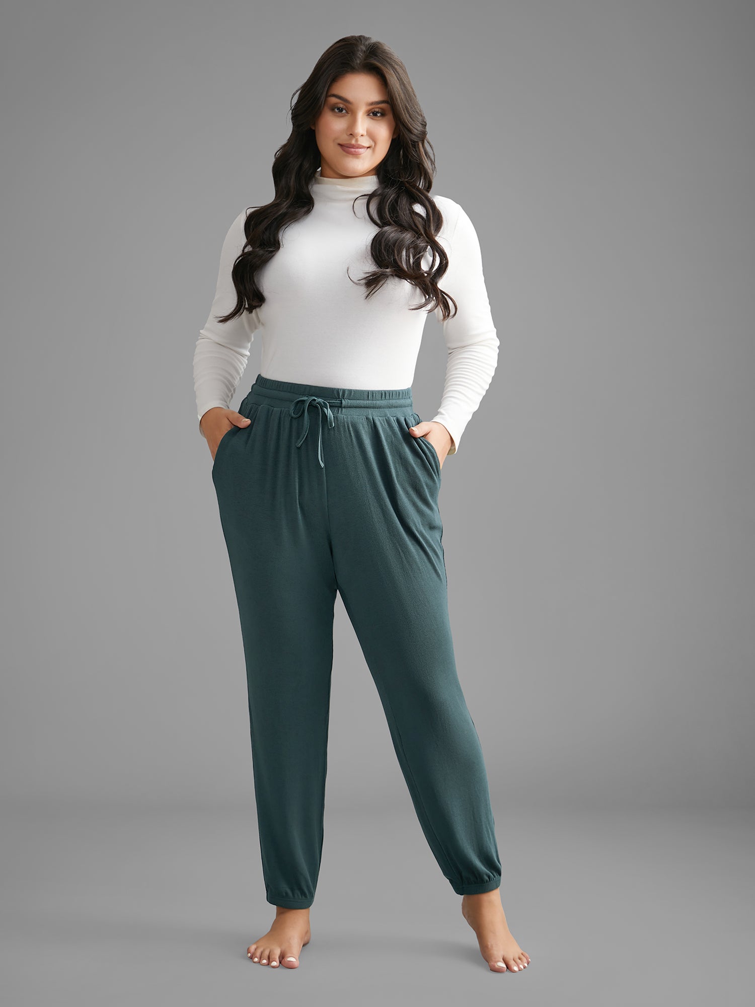 Solid Rib Knit Drawstring Lounge Bottoms-Sweetccc