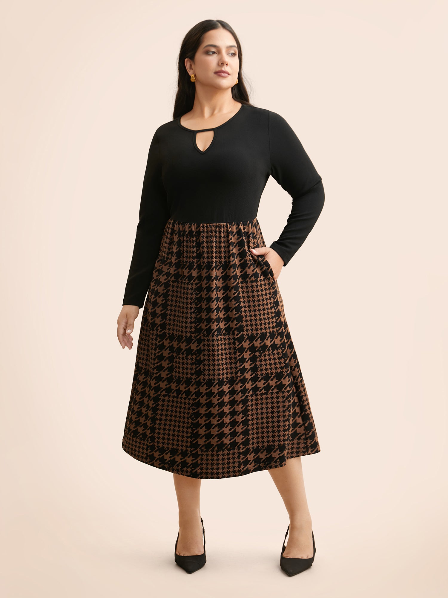 Houndstooth Patchwork Cut Out Midi Dress-Sweetccc