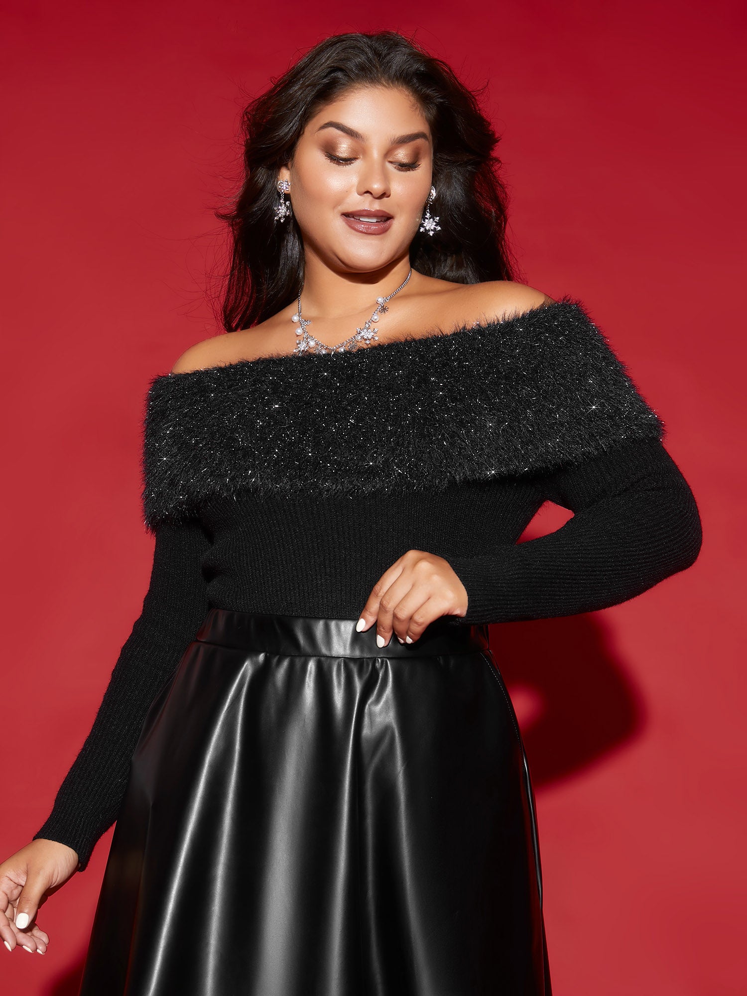 Off-Shoulder Silver Threads Detailing Pullover-Sweetccc