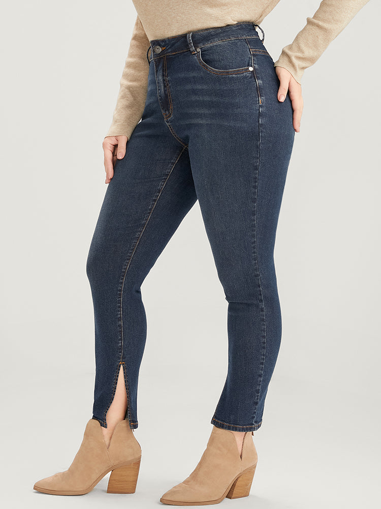 Mom Jeans Skinny Moderately Stretchy High Rise Medium Wash Split Jeans-Sweetccc