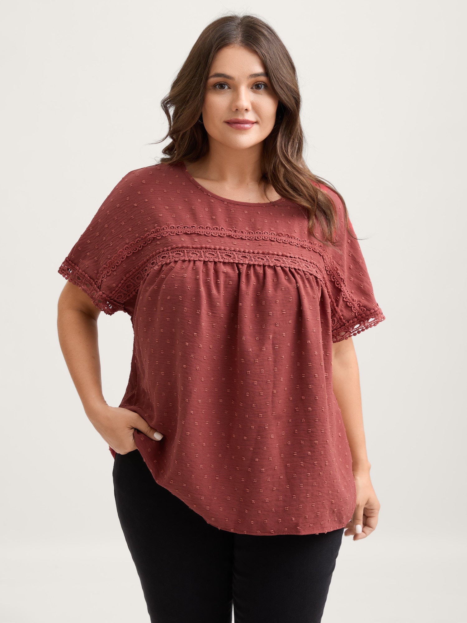 Textured Lace Trim Solid Blouse-Sweetccc