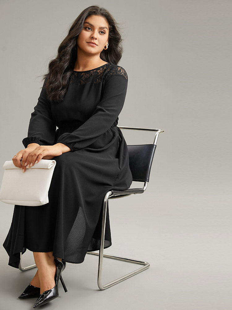 Lace Panel Patchwork Lantern Sleeve Dress-Sweetccc