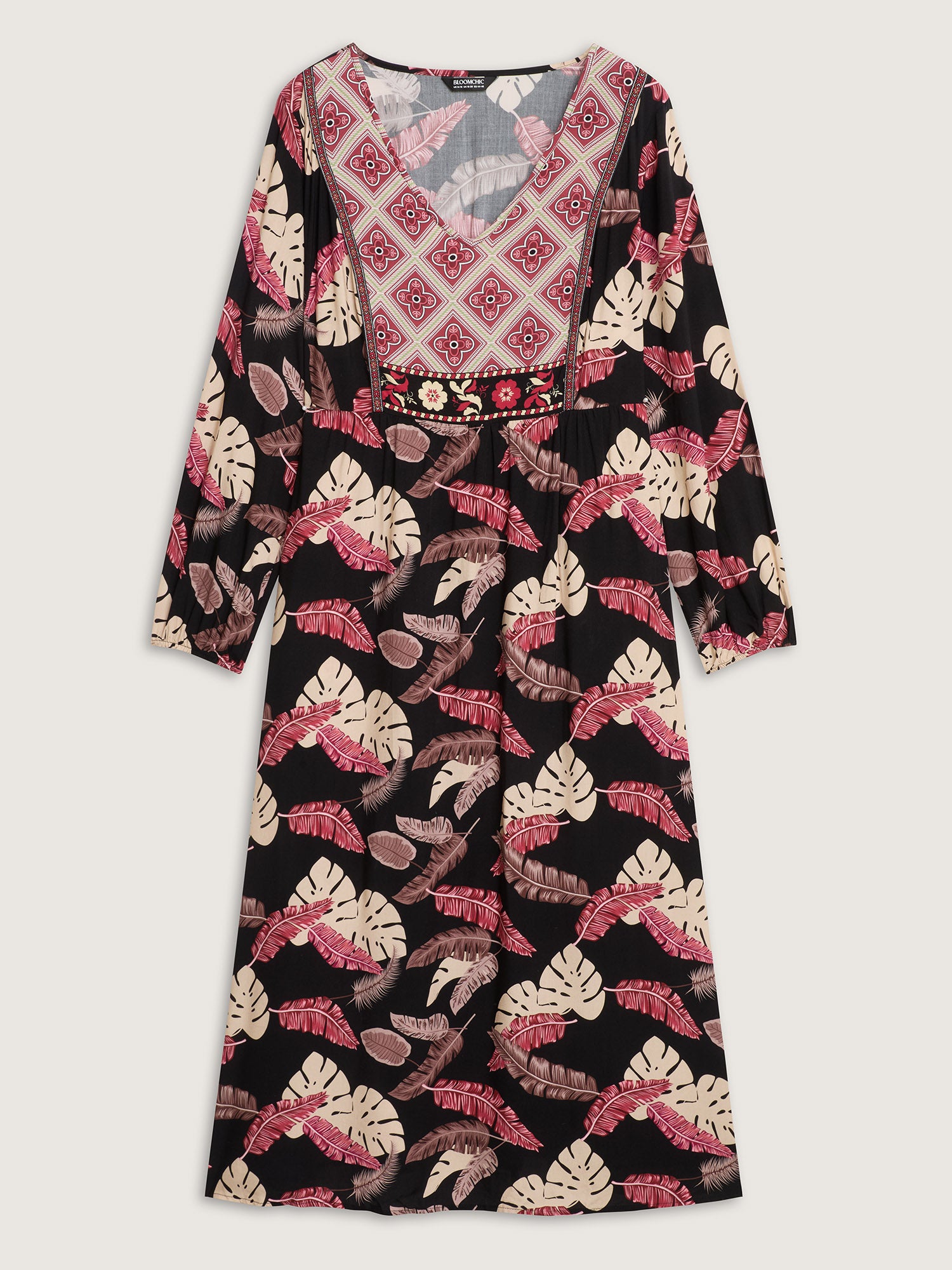 Maple Leaf Print Contrast Neck Maxi Dress-Sweetccc