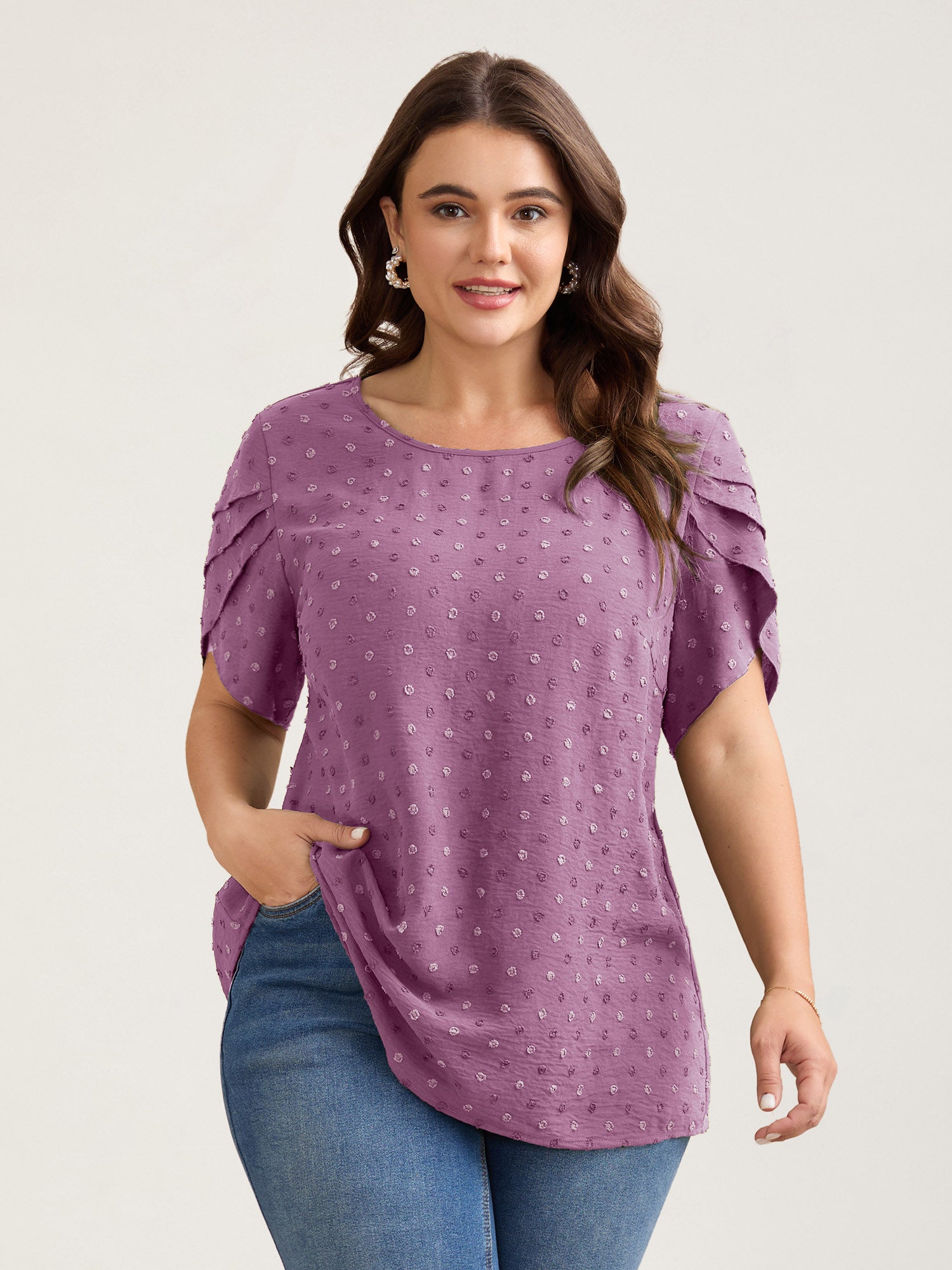 Textured Color Contrast Petal Sleeve Blouse-Sweetccc