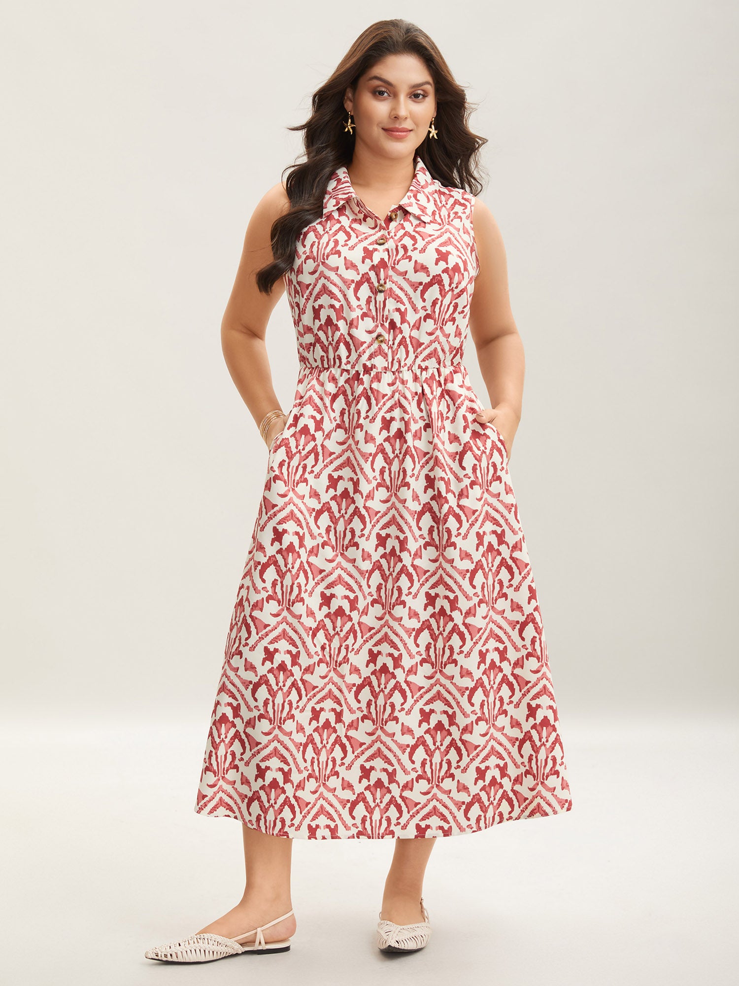 Spring Abstract Print Shirt Collar Midi Dress-Sweetccc