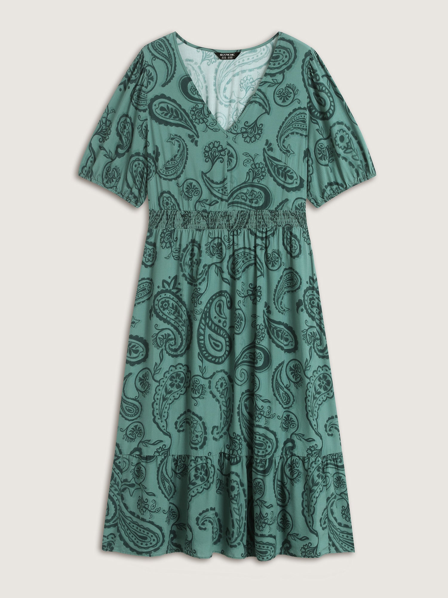 Paisley Print Shirred Waist Midi Dress-Sweetccc