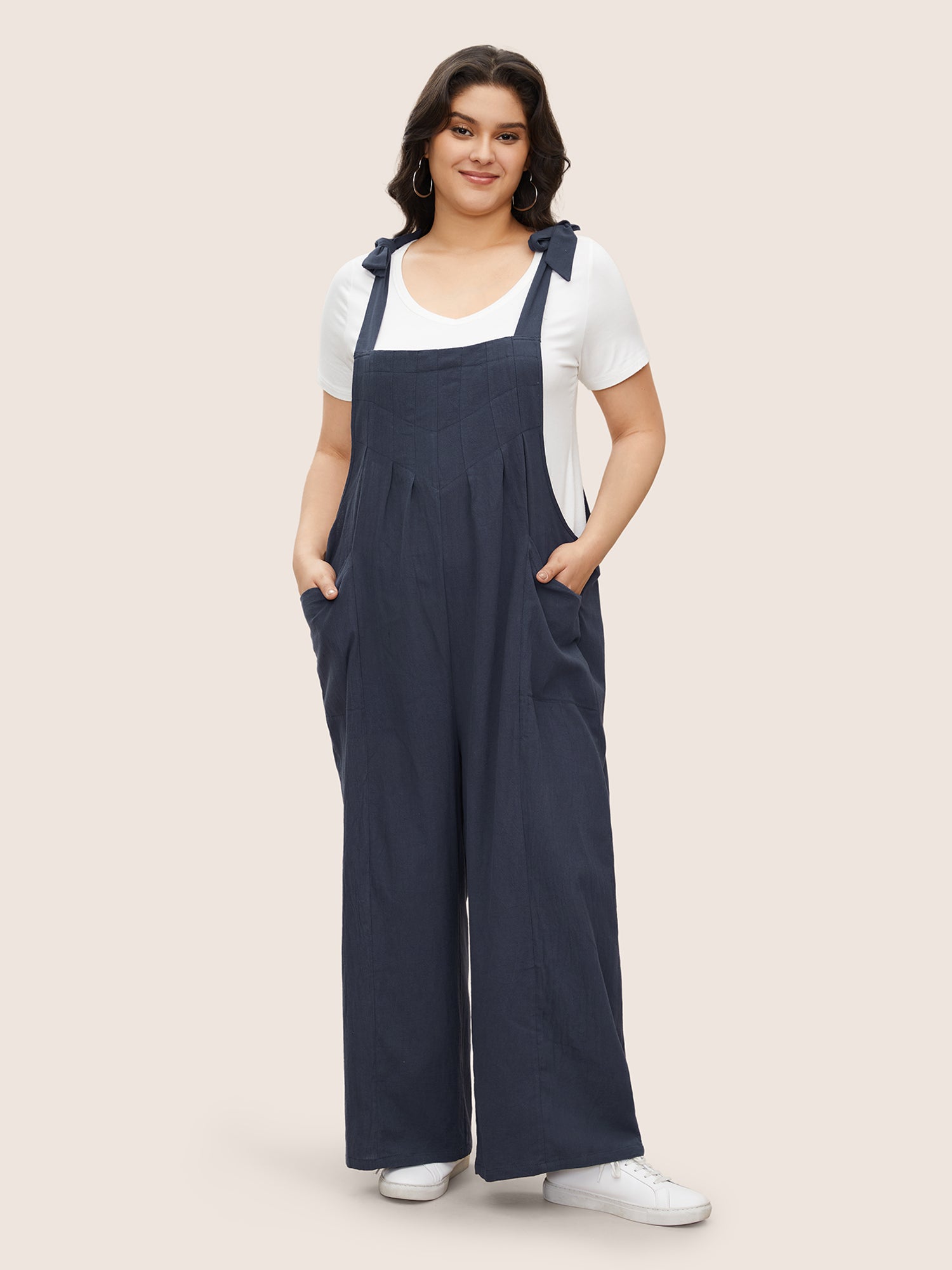 Solid Pleated Detail Pocket Knotted Shoulder Overall Jumpsuit-Sweetccc