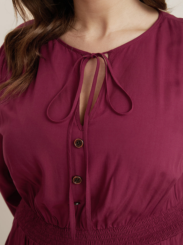 Solid Pocket Button Detail Tie Neck Shirred Ruffles Dress-Sweetccc