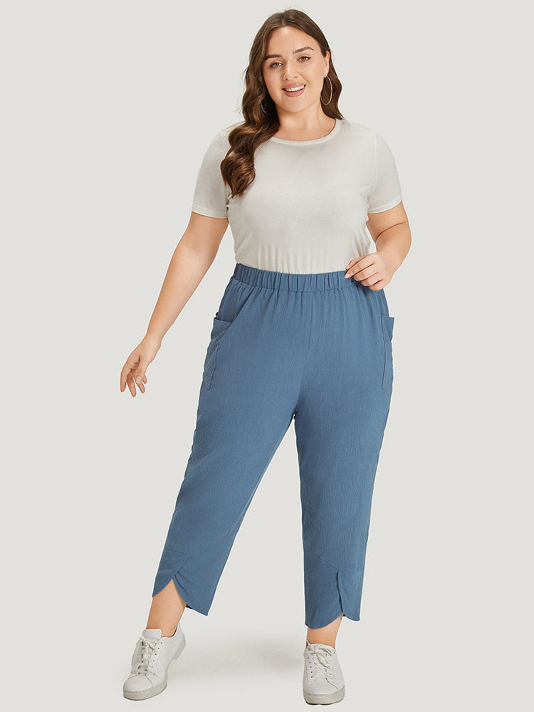 Solid Pocket Elastic Waist Wrap Hem Pants-Sweetccc