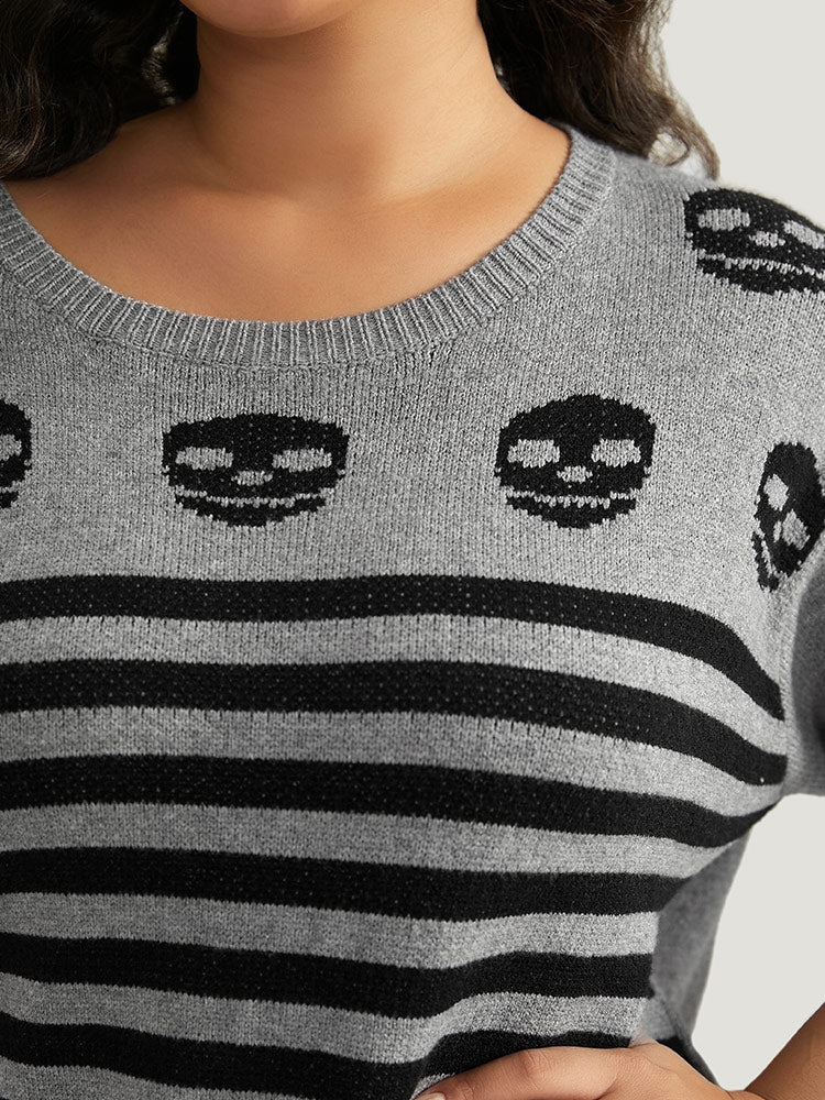 Halloween Supersoft Essentials Skull Print Striped Round Neck Pullover-Sweetccc