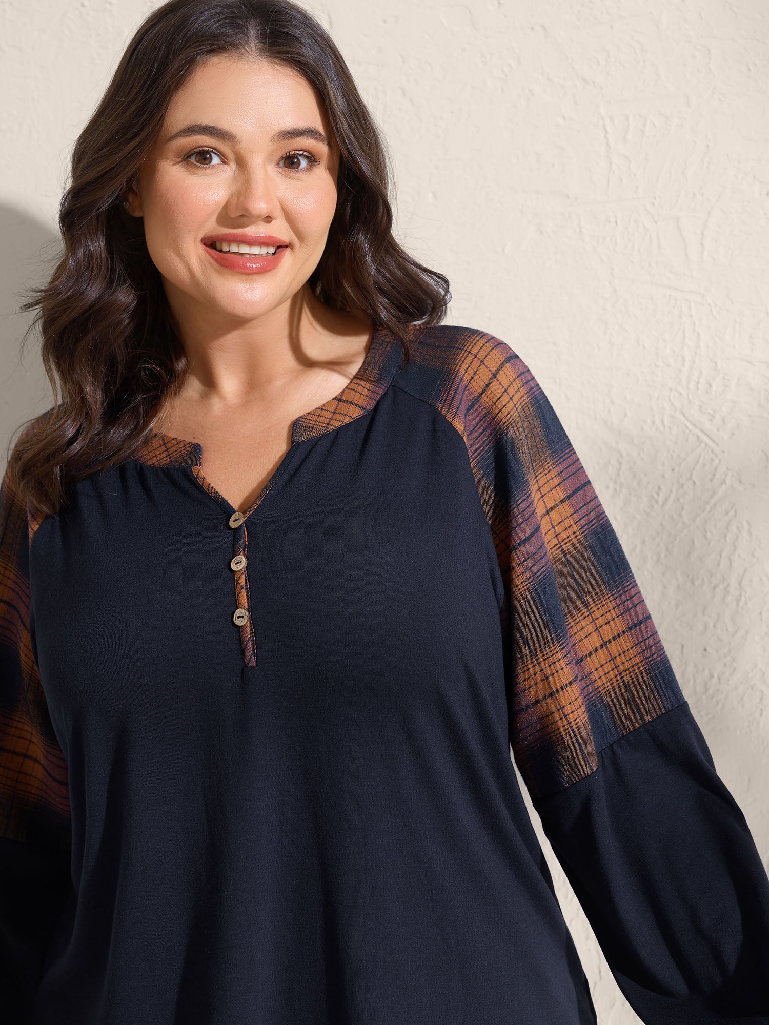 Stretchy Plaid Sleeve Split Neck T-Shirt-Sweetccc