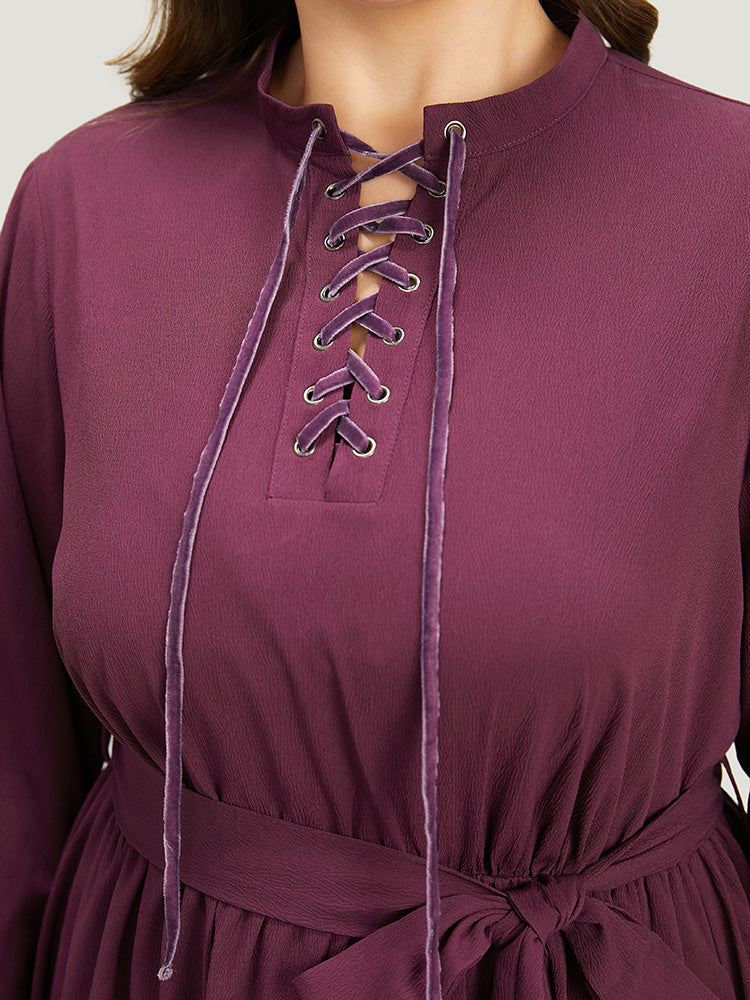 Halloween Plain Lantern Sleeve Belted Lace Up Asymmetrical Hem Dress-Sweetccc