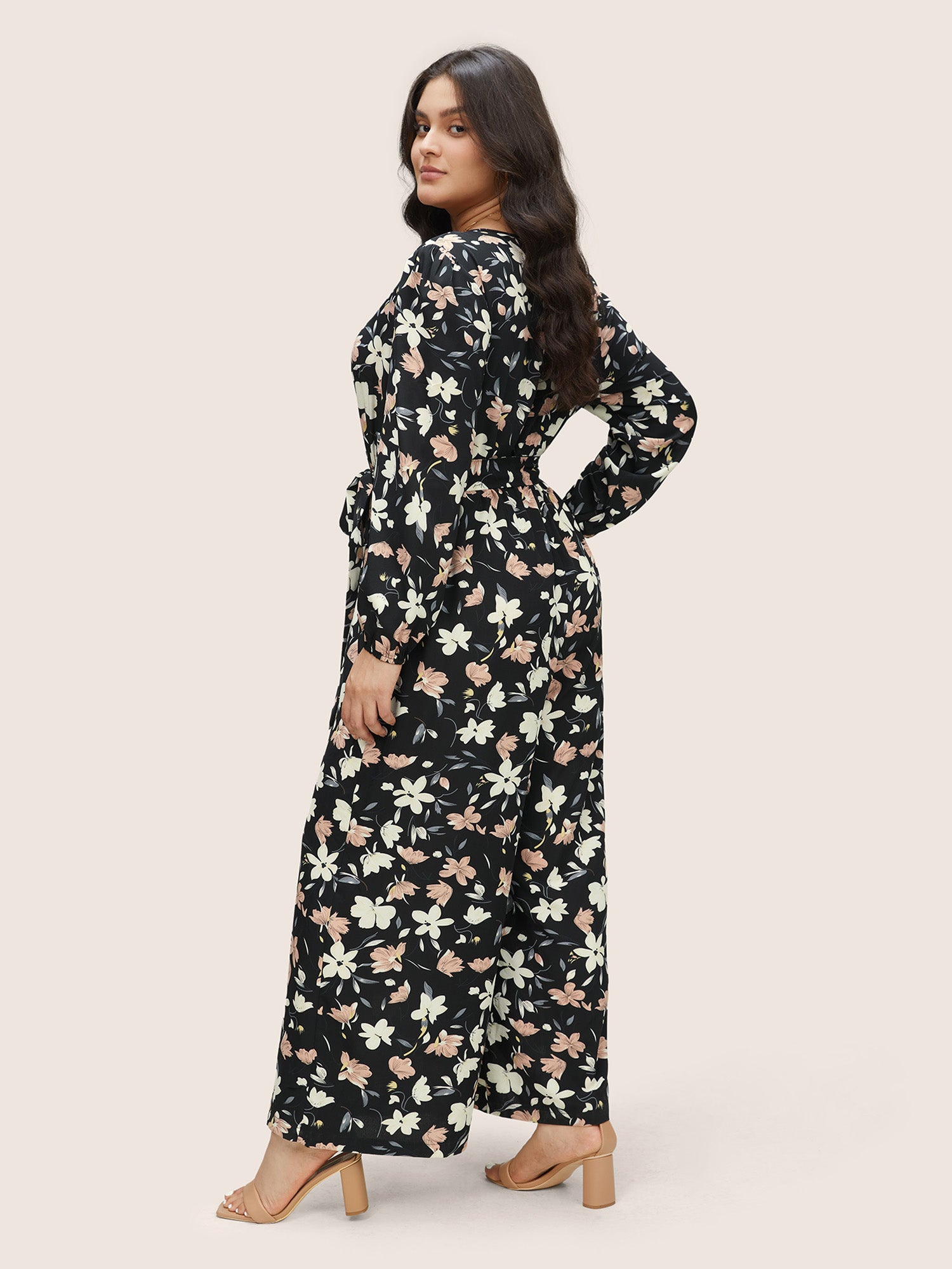 Floral Elastic Waist Belted Wrap Jumpsuit-Sweetccc