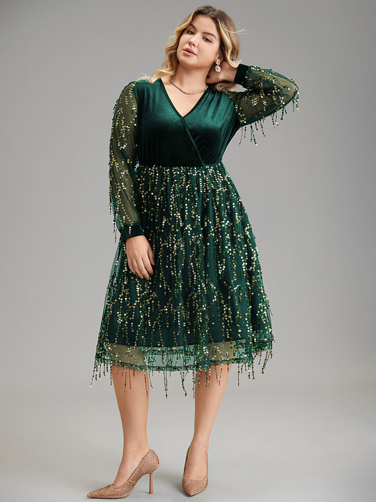 Velvet Sequin Tassels Mesh Surplice Neck Dress-Sweetccc