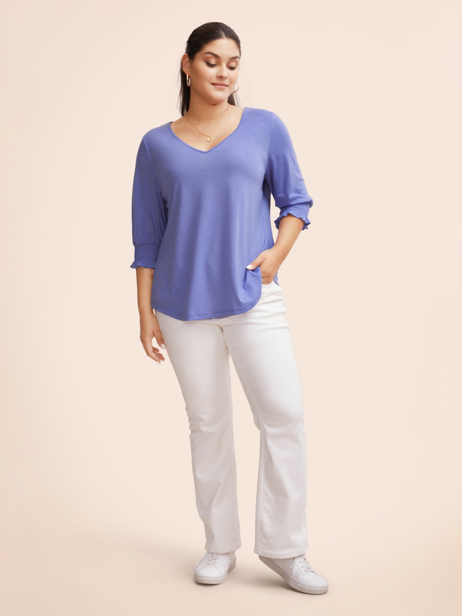 Solid V Neck Shirred Lantern Sleeve T-shirt-Sweetccc