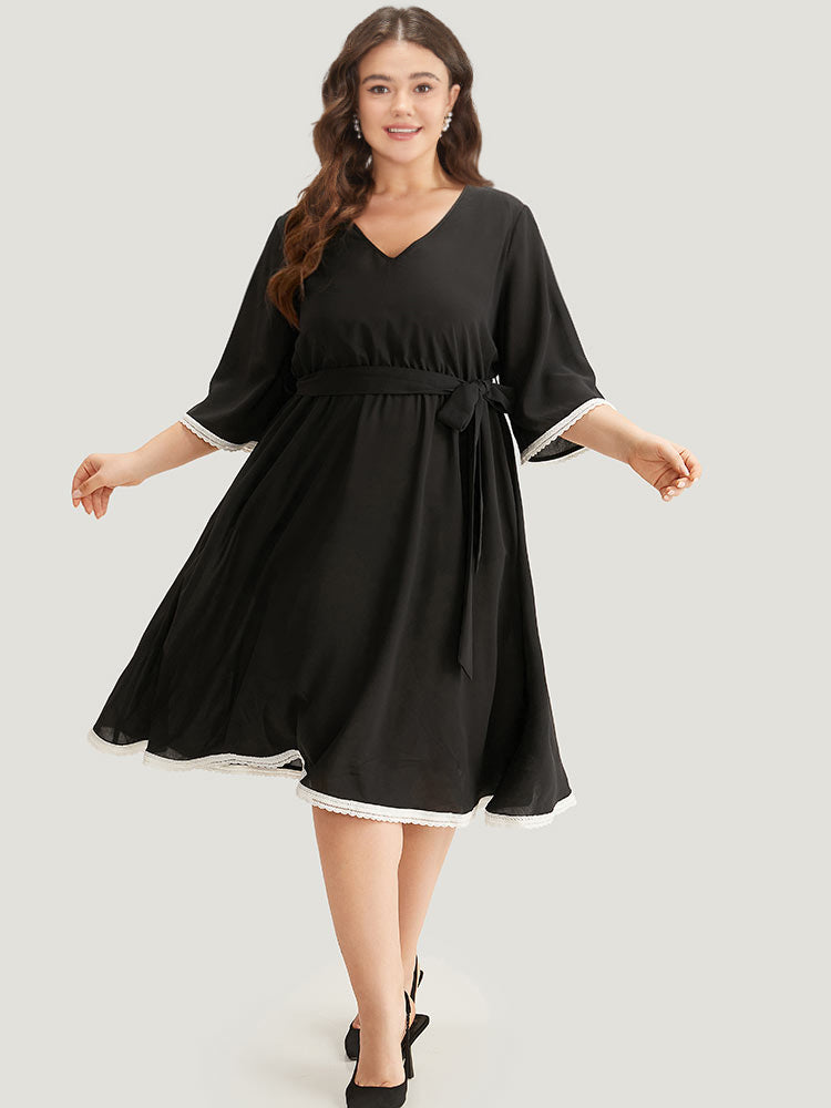 V Neck Pocket Patchwork Contrast Belted Dress-Sweetccc