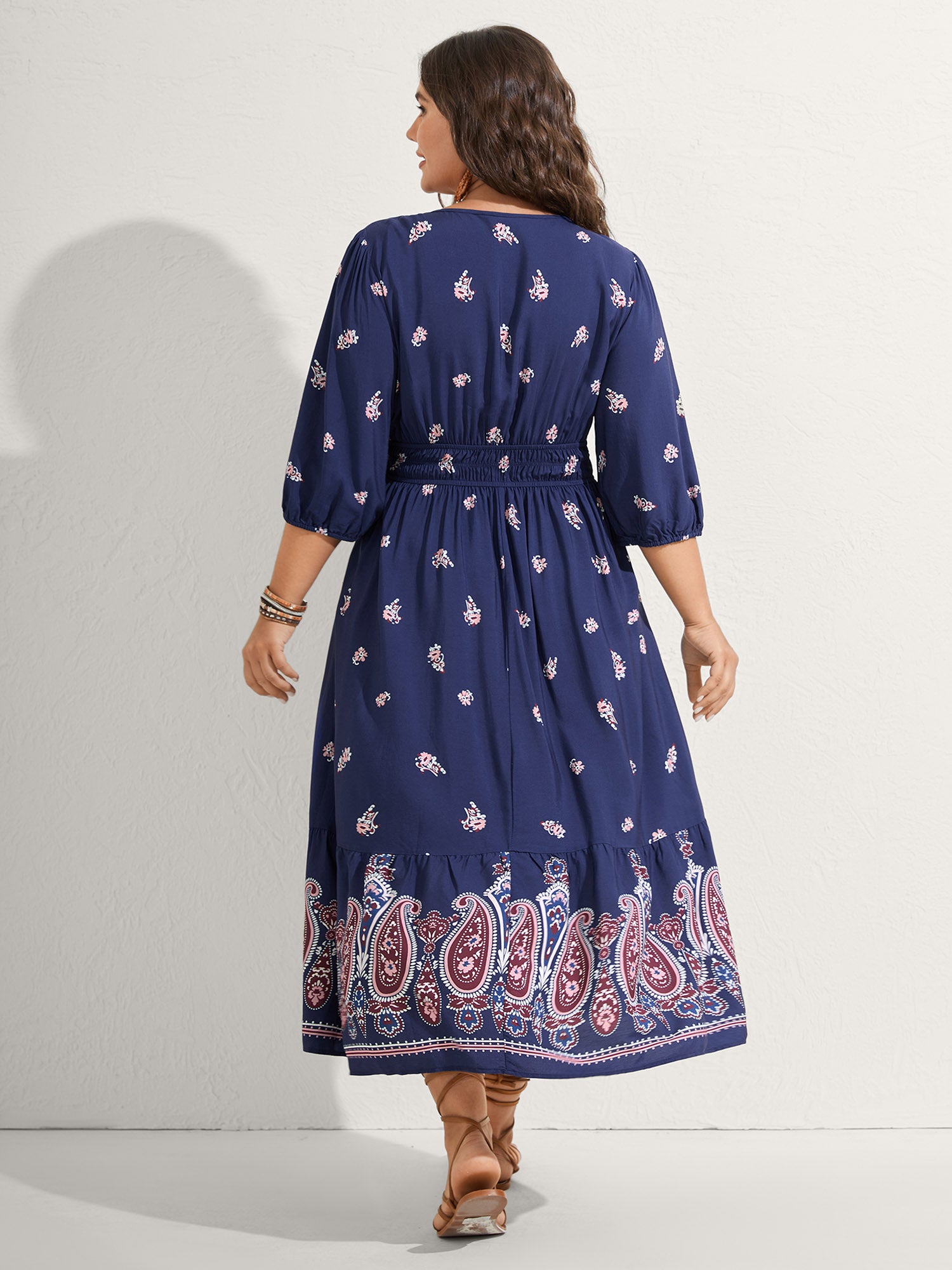 Paisley Print Shirred Waist Midi Dress-Sweetccc
