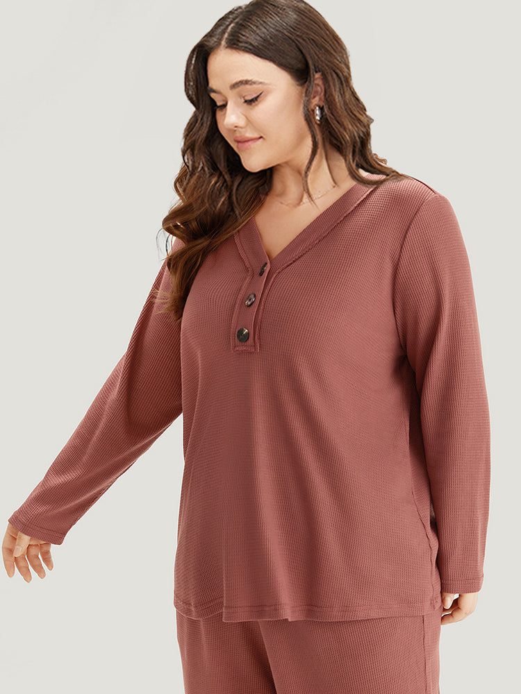 Solid Waffle Knit V Neck Button Up Woven Top-Sweetccc