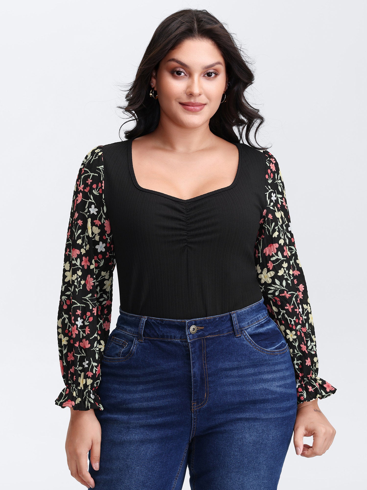Textured Spliced Floral Sleeves Top-Sweetccc