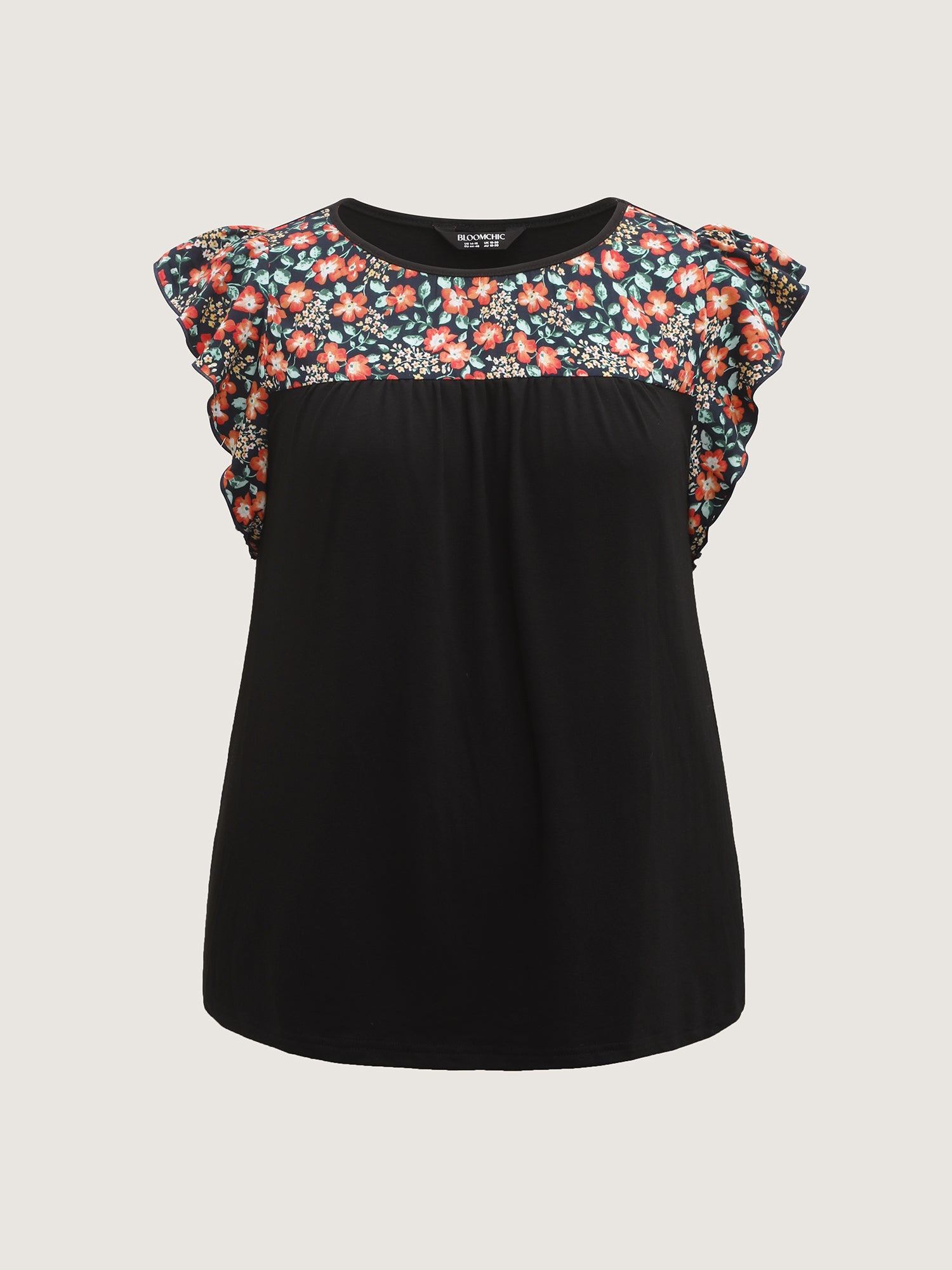 Floral Neckline Flutter Sleeve Contrast T-Shirt-Sweetccc