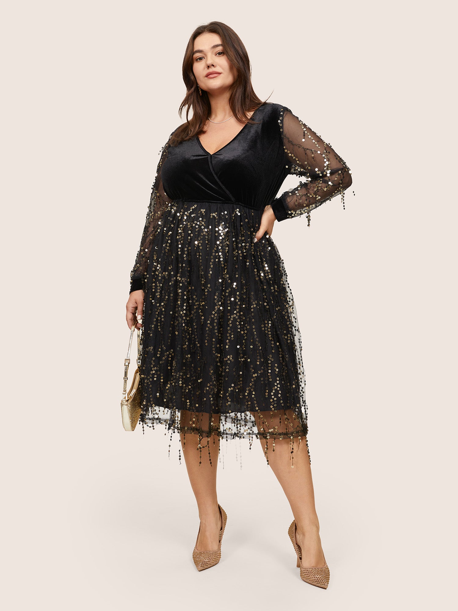 Velvet Sequin Tassels Mesh Surplice Neck Dress-Sweetccc