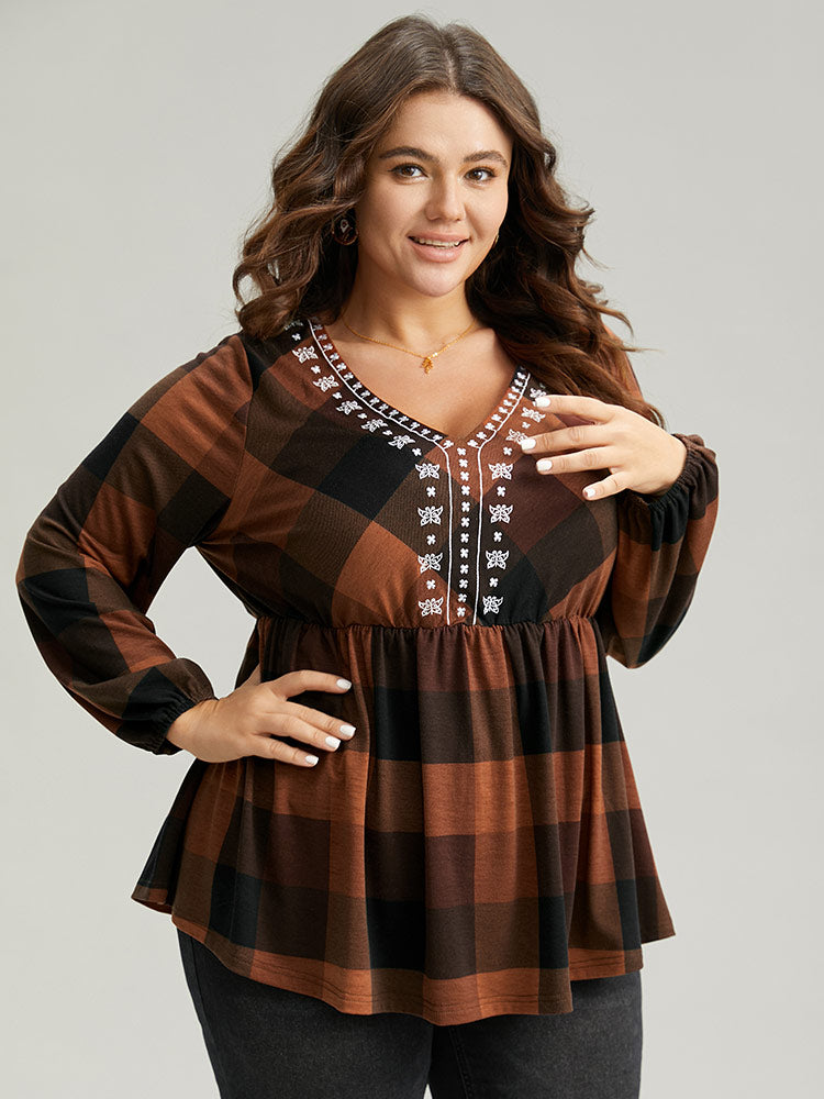 Floral Embroidered Gathered Lantern Sleeve T-shirt-Sweetccc