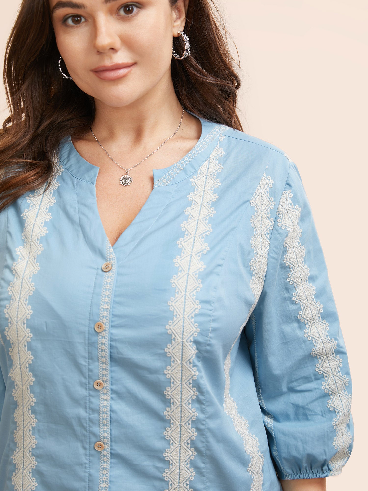 Striped Notched Embroidered Button Detail Blouse-Sweetccc