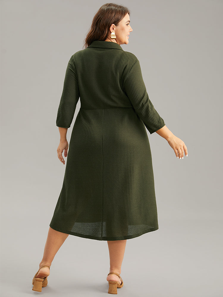 Waffle Knit Button Detail Lapel Collar Dress-Sweetccc