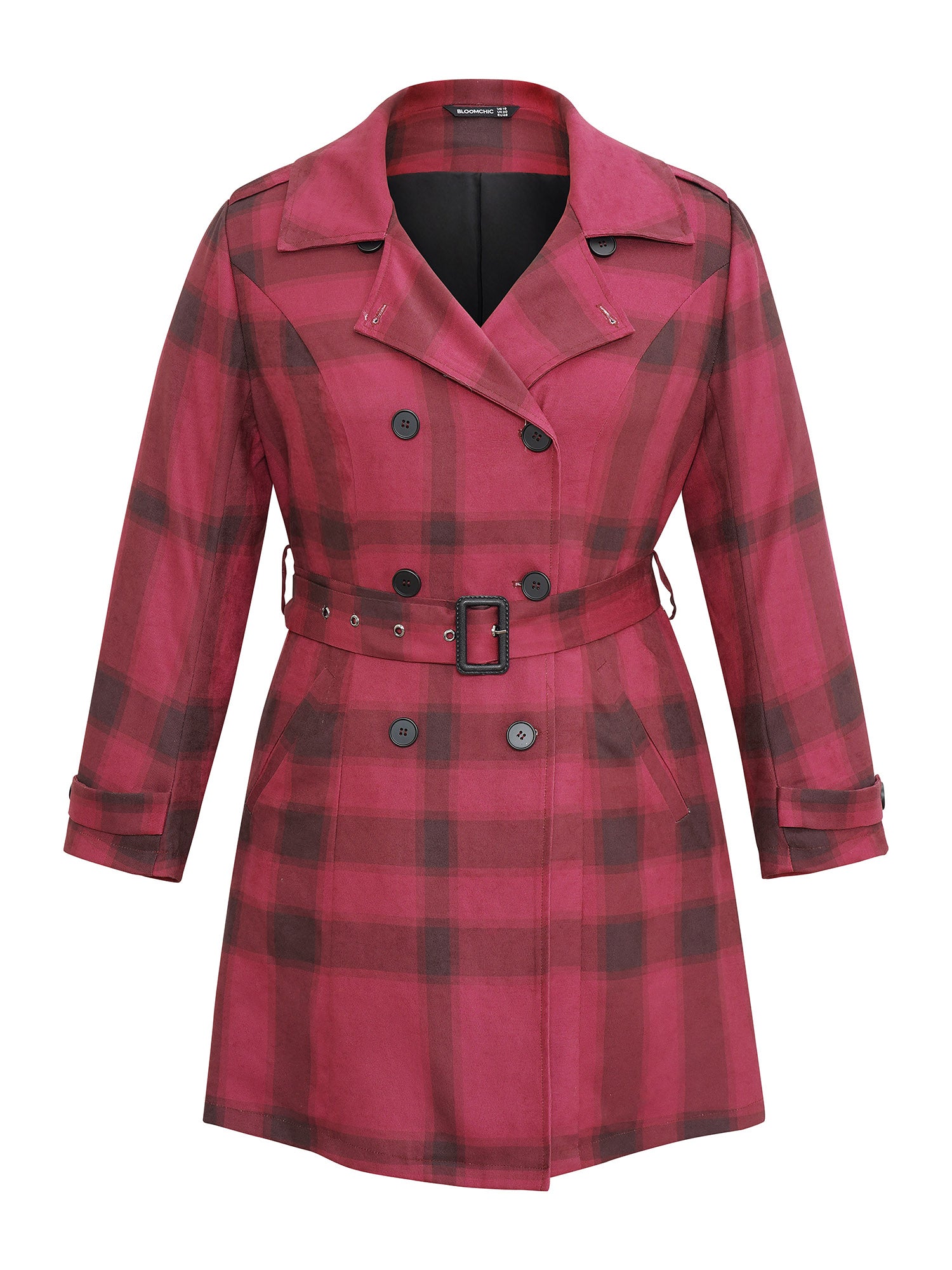 Lapel Collar Plaid Belted Double Breasted Coat-Sweetccc