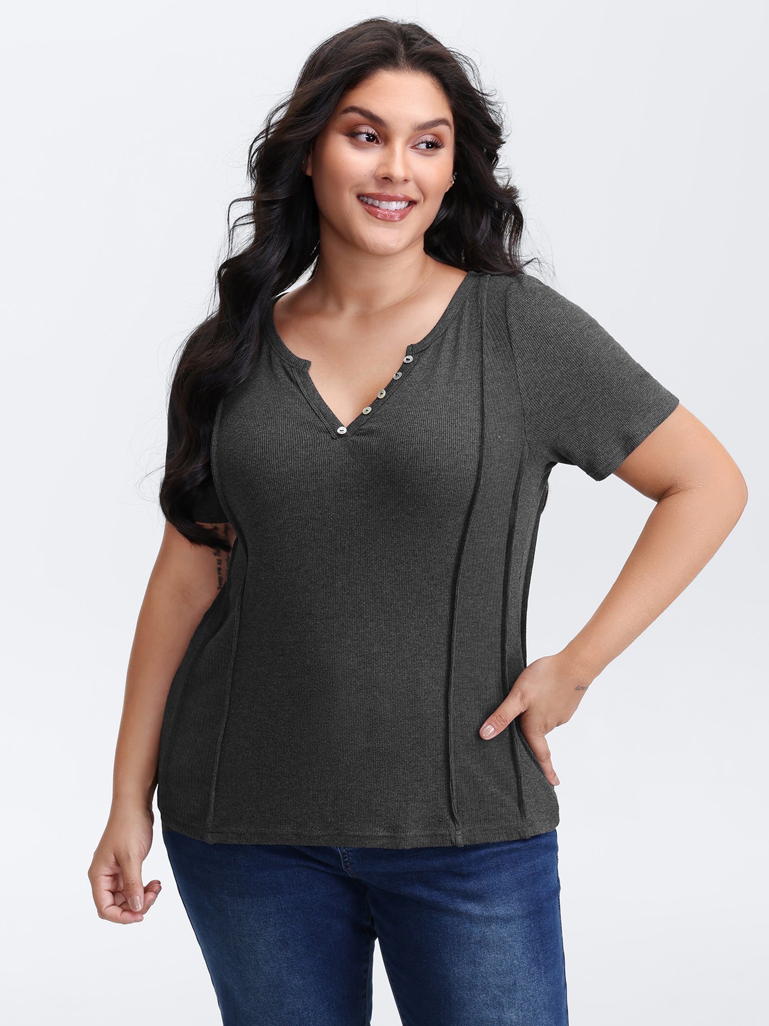 Supersoft Ribbed Split Neckline Fitted T-Shirt-Sweetccc
