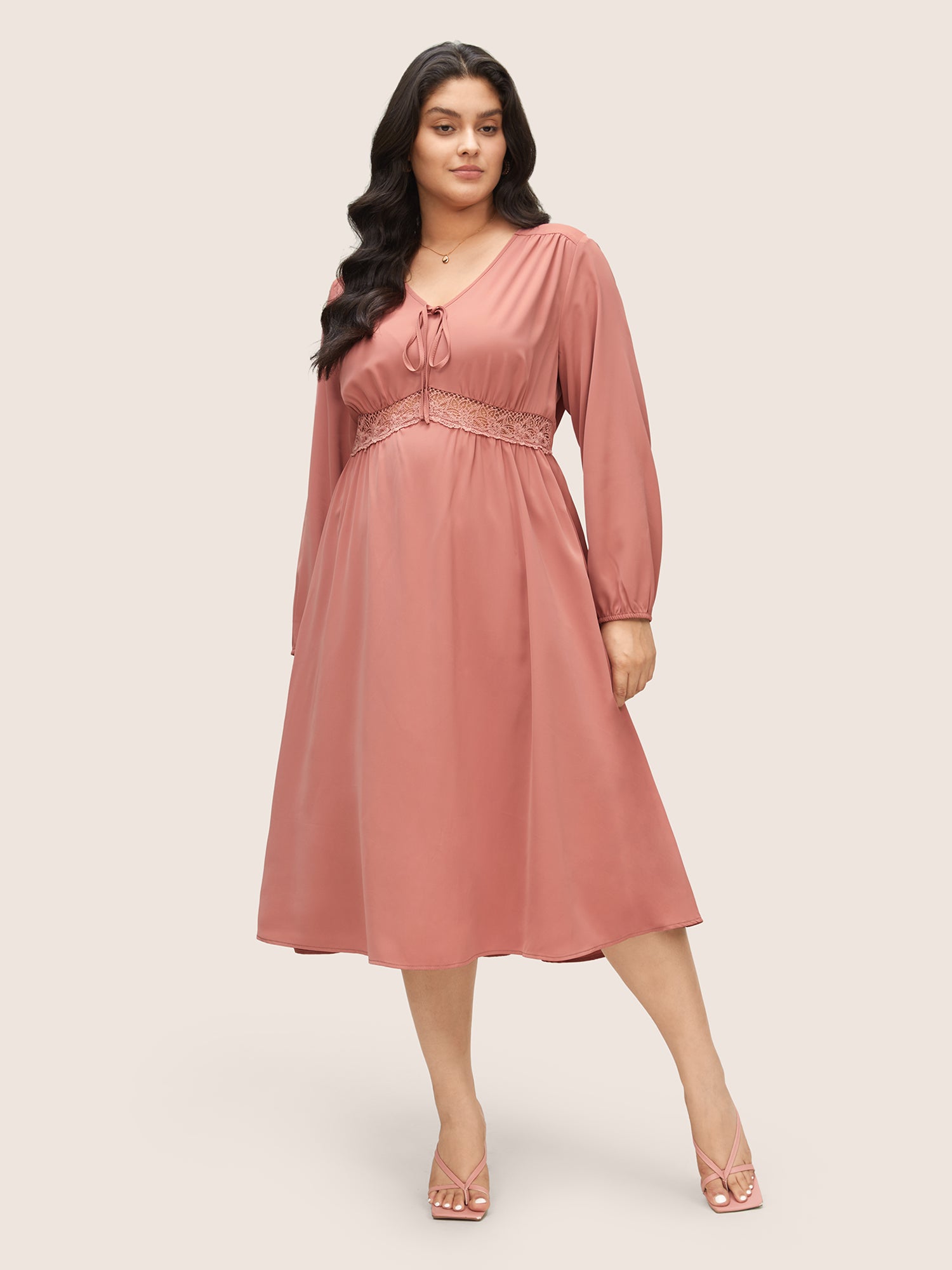 Lace Insert Pocket Bowknot Hollow Out Dress-Sweetccc