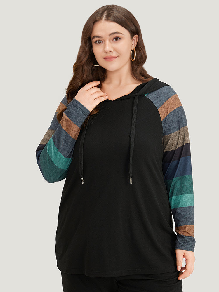 Striped Patchwork Contrast Hooded Raglan Sleeve T-shirt-Sweetccc
