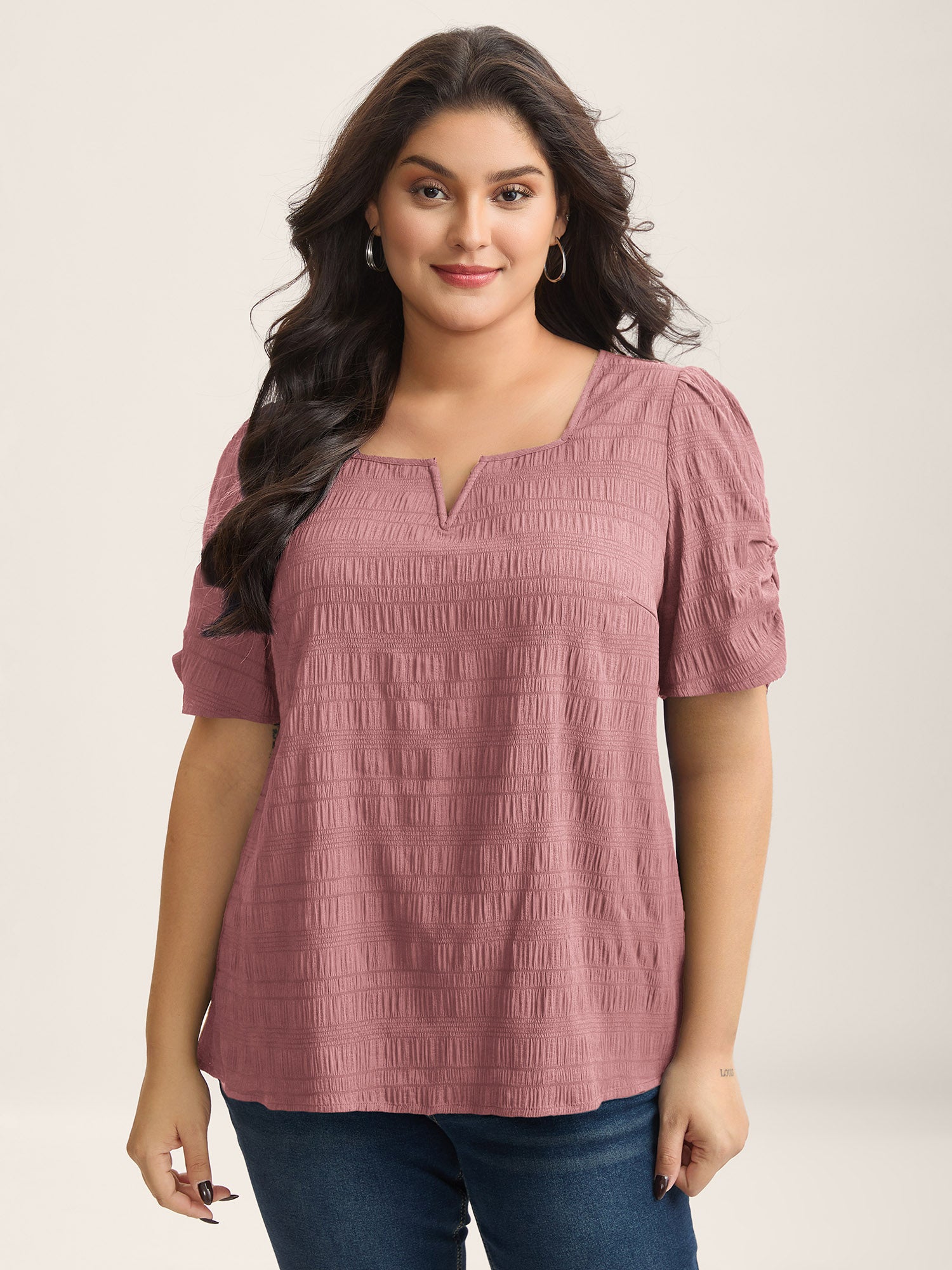 Textured Gathered Sleeve Split Neck Blouse-Sweetccc