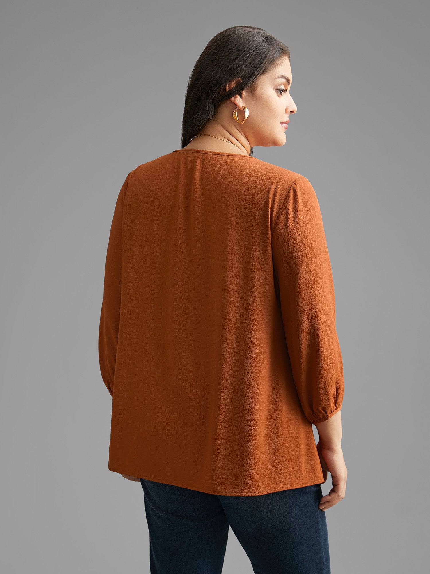 Notched Lace Trim Gathered Blouse-Sweetccc