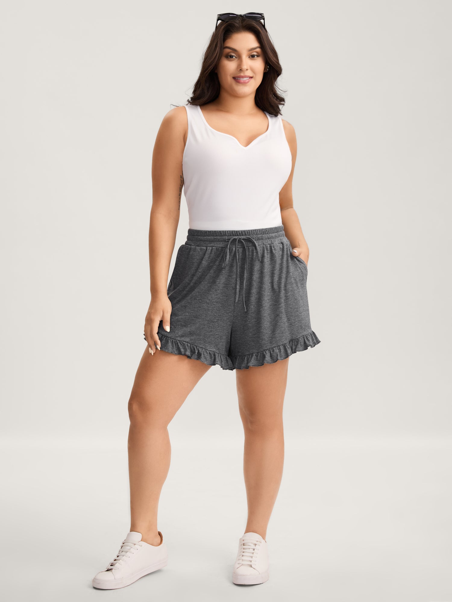 Supersoft Mixed Color Knit Drawstring Ruffled Shorts-Sweetccc