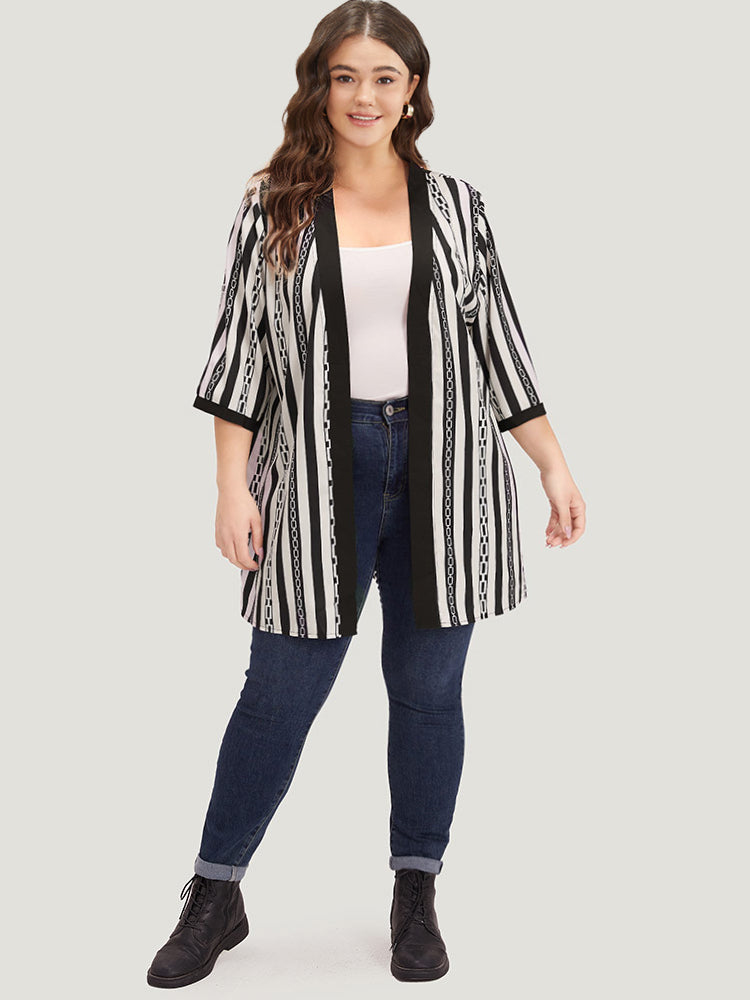 Striped Patchwork Contrast Open Front Kimono-Sweetccc
