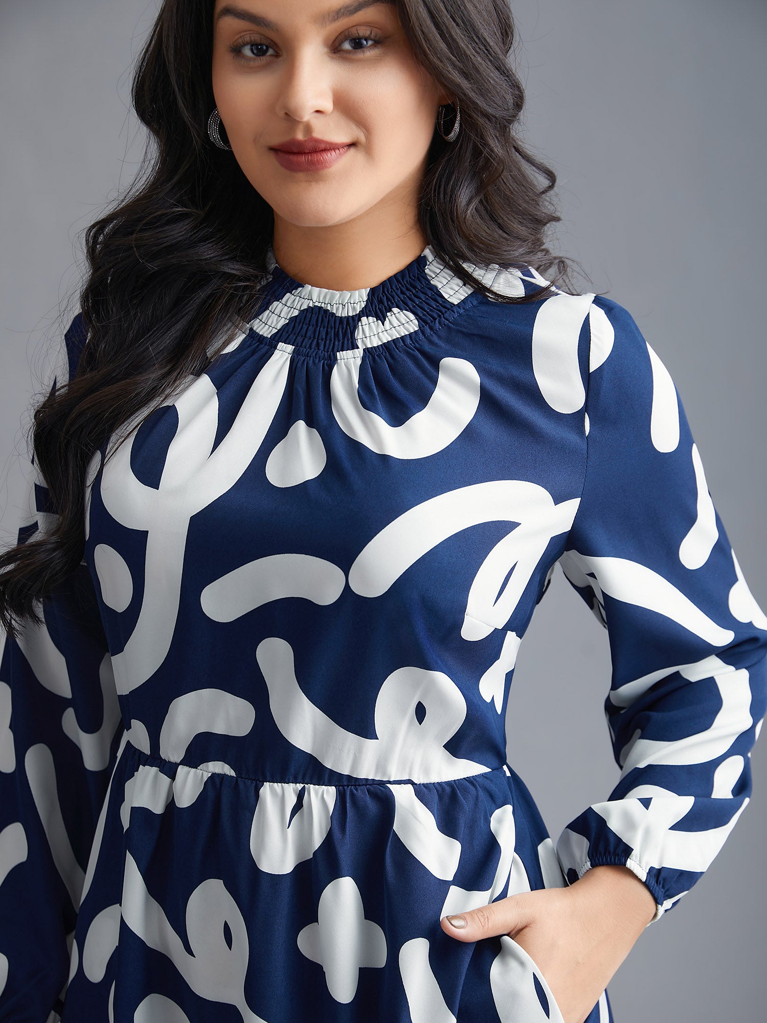 Geometric Print Shirred Pocket Dress-Sweetccc