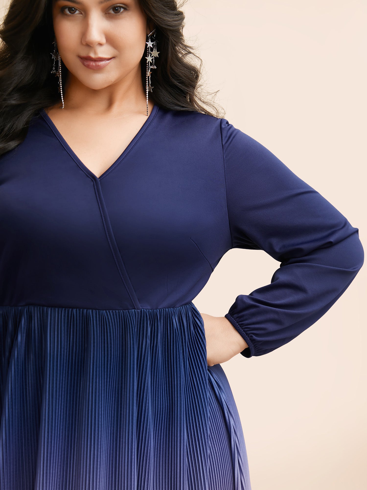 Overlap Collar Ombre Patchwork Pleated Dress-Sweetccc